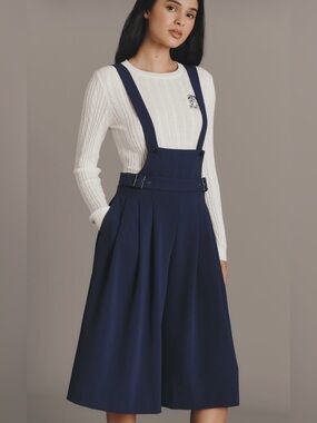 Anthropologie Maeve Navy Blue Belted Wide-Leg Suspender Pinafore Culotte Size 10